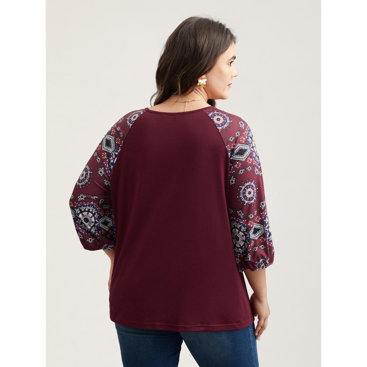 Plus Size Boho Print Sleeve Round Neck T-Shirt Scarlet Women Elegant Contrast Round Neck Everyday T-shirts BloomChic 18-20/2X Product Image