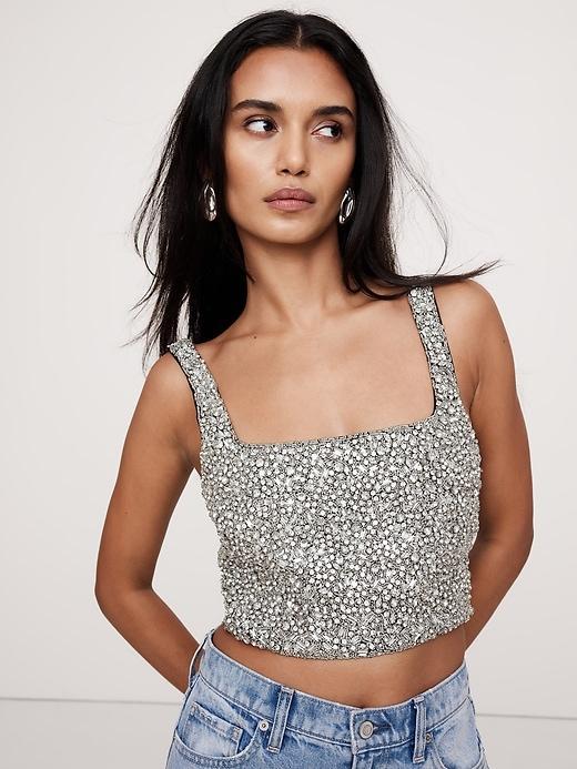 Embellished Satin Square-Neck Cropped Tank Product Image
