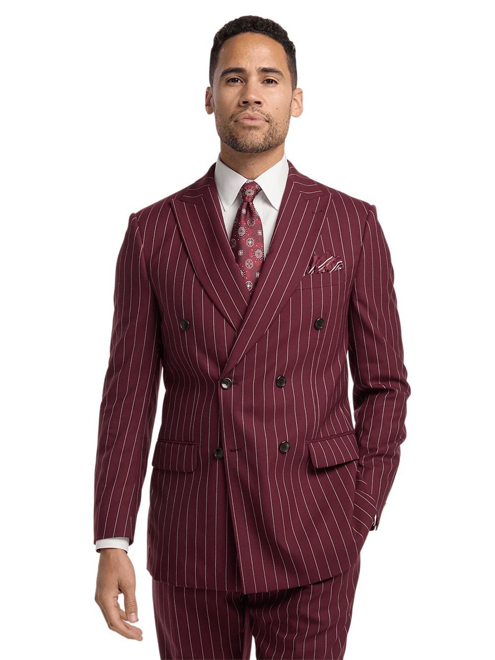 Wool Stretch Stripe Double Breasted Suit Jacket - Burgundy Product Image
