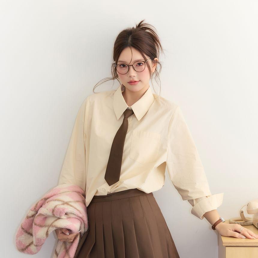 Plus Size Long-Sleeve Plain Shirt / Mini Pleated Skirt Product Image