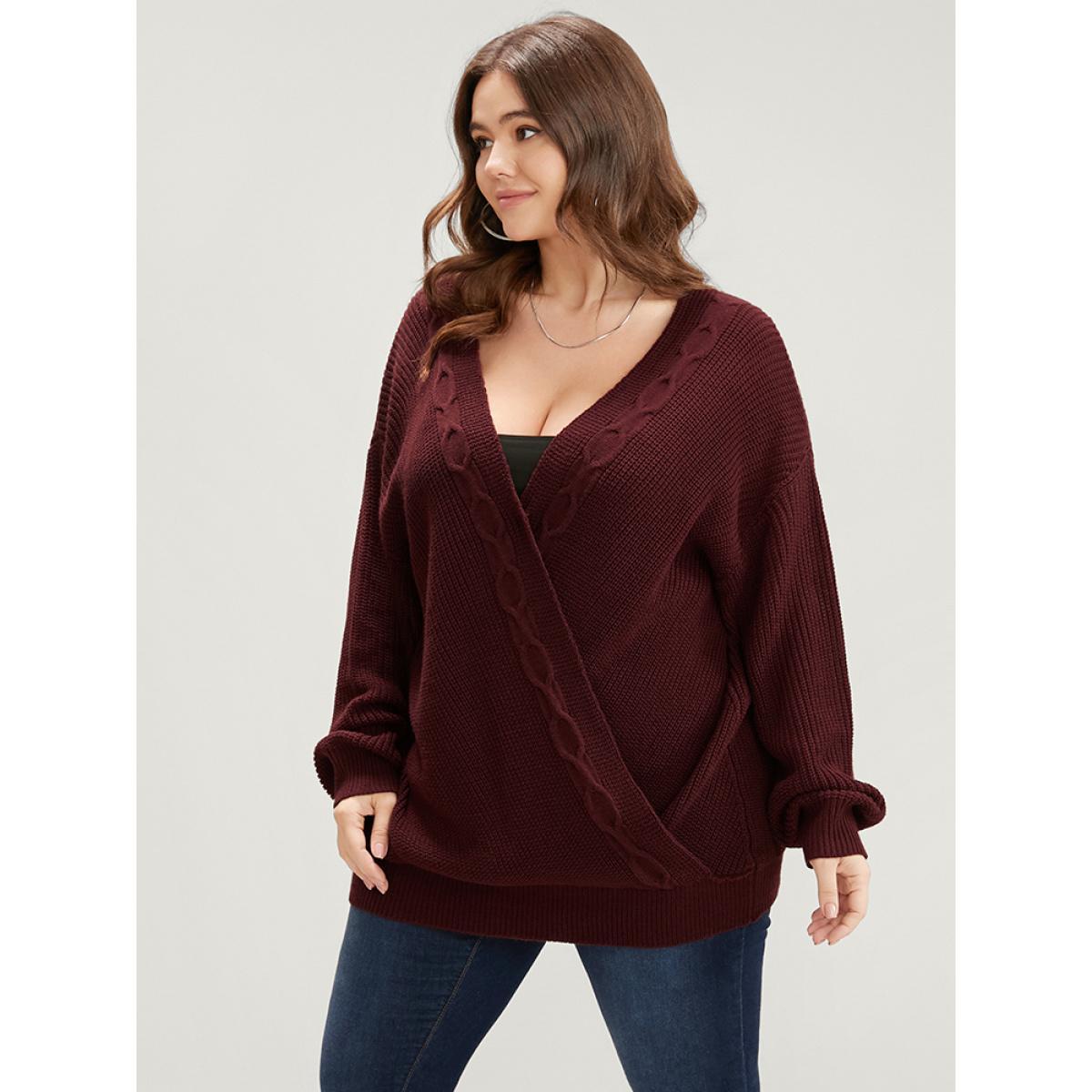 Plus Size Solid Pointelle Knit Surplice Neck Cable Knit Top Scarlet Women Elegant Loose Long Sleeve Overlap Collar Dailywear Pullovers BloomChic 26/4X Product Image