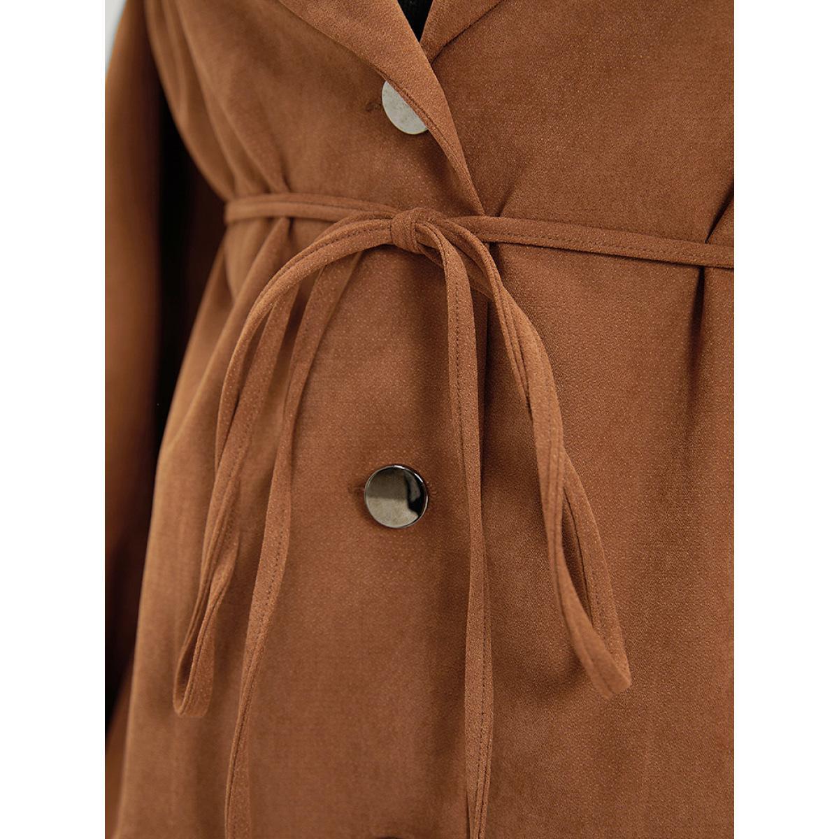 Plus Size Plain Corduroy Belted Bowknot Roll Tab Sleeve Coat Women Bronze Casual Plain Ladies Dailywear Winter Coats BloomChic 26/4X Product Image