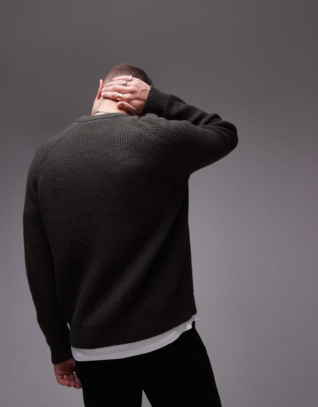 ARKET textured knitted rib sweater with raglan sleeves in khaki green Product Image