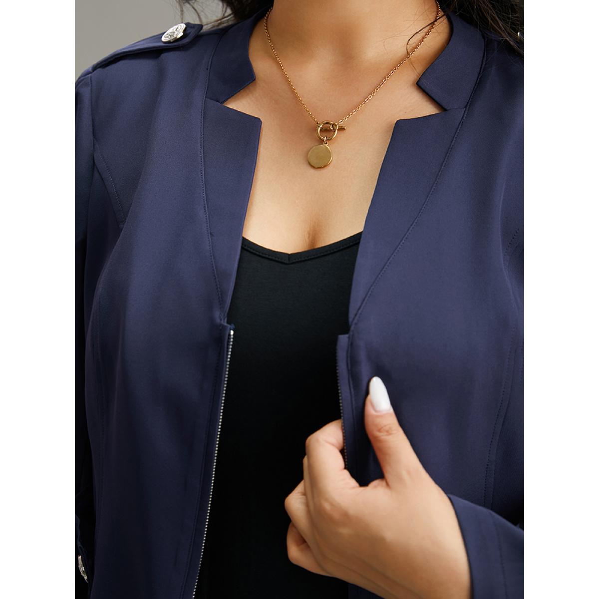 Plus Size Plain Button Detail Notched Zipper Blazer Indigo Women Work Plain Plain Sleeve Long Sleeve Notched collar 28/5X At the Office Blazers BloomChic Product Image