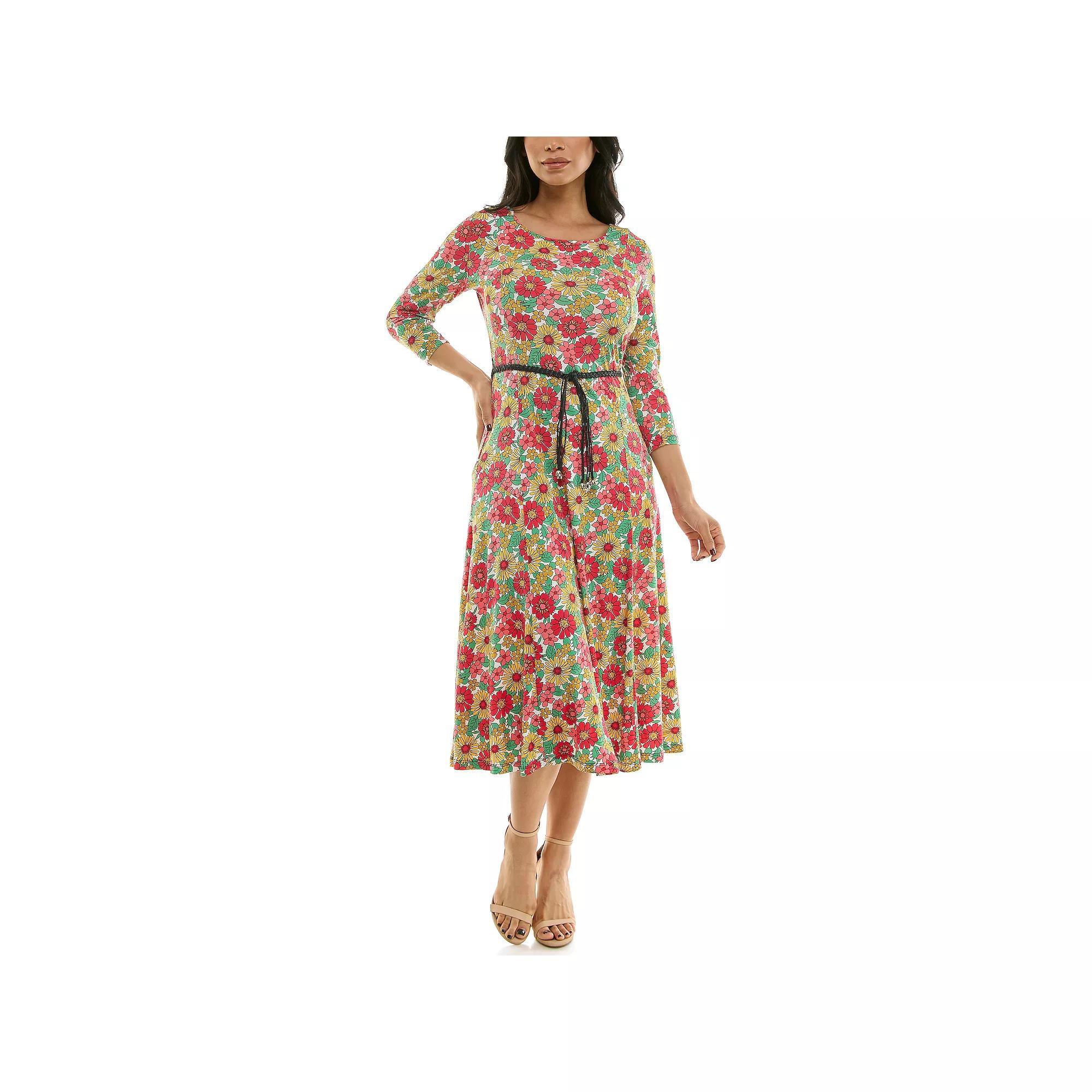 Women's Nina Leonard Sylvia Three-Quarter Sleeve Belted Midi Dress, Size: Large, Blue Team Combo Product Image