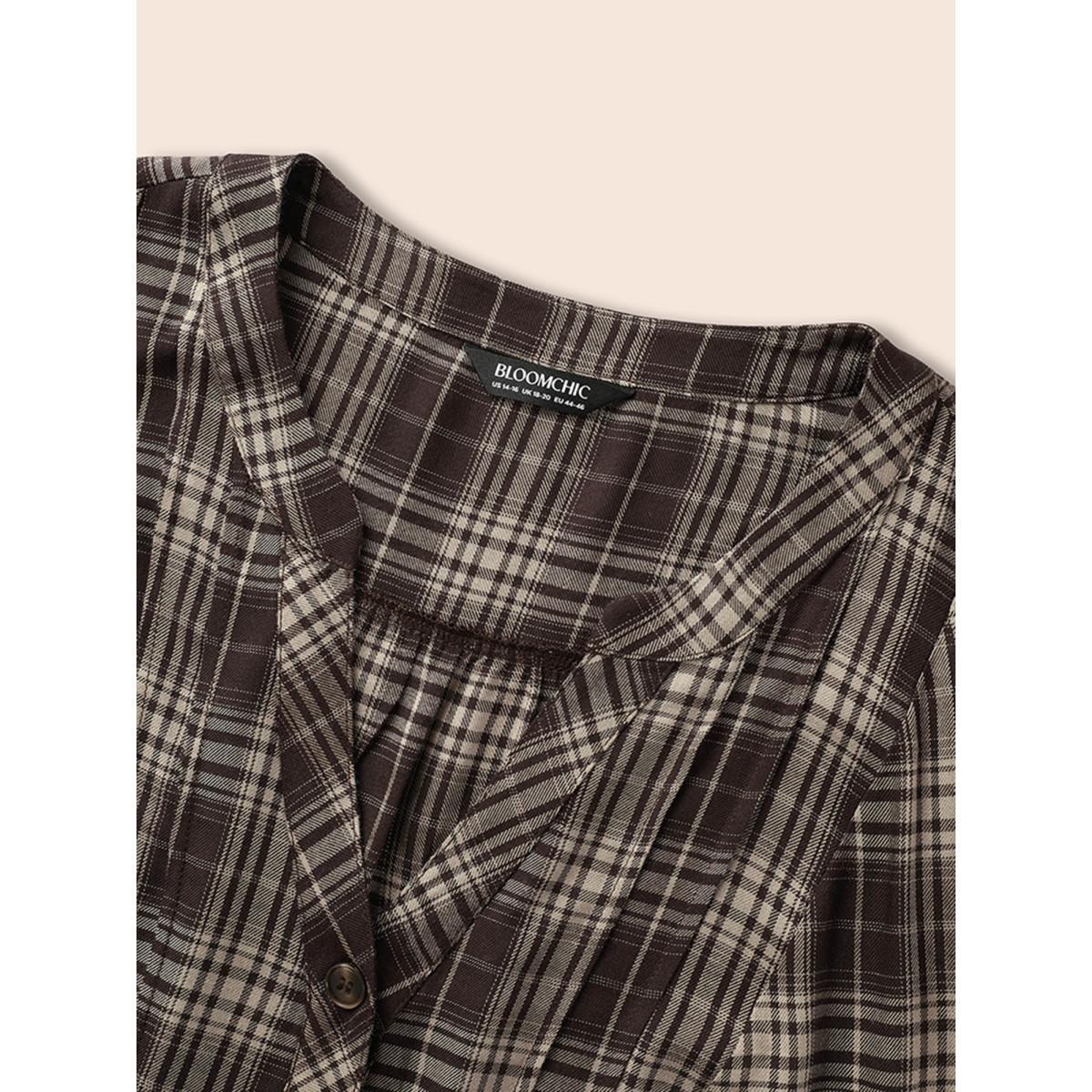Plus Size DarkBrown Plaid Pleated Button Placket Blouse Women Elegant Elbow-length sleeve Flat collar with V-notch Everyday Blouses BloomChic 10/M Product Image