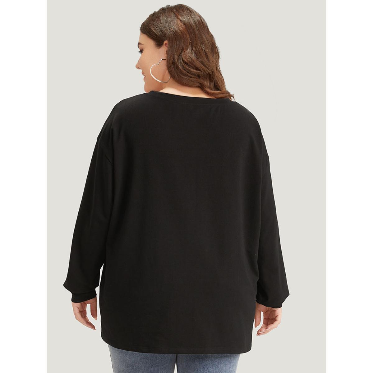 Plus Size Letter Print Rhinestone V Neck Elastic cuffs Sweatshirt Women Black Elegant Elastic cuffs Dailywear Sweatshirts BloomChic 18-20/2X Product Image