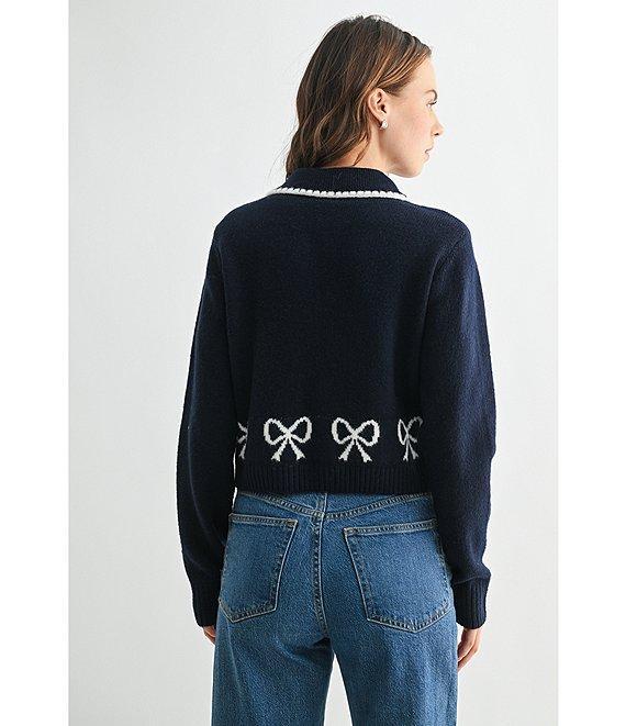 All in Favor Collared Bow Print Long Sleeve Cardigan Product Image