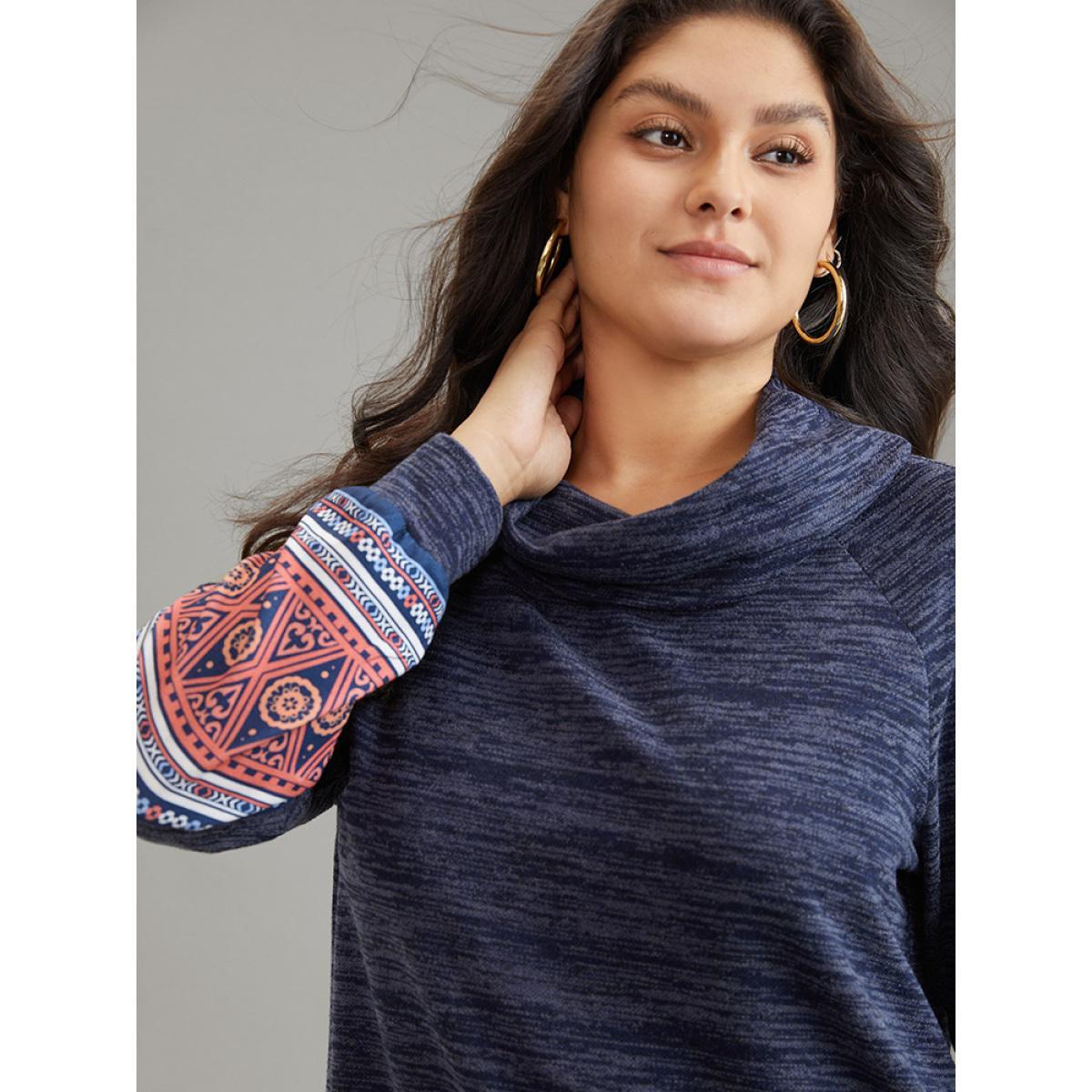 Plus Size Heather Boho Print Raglan Sleeve Turtleneck Sweatshirt Women Blue Casual Heather Turtleneck Dailywear Sweatshirts BloomChic 22-24/3X Product Image