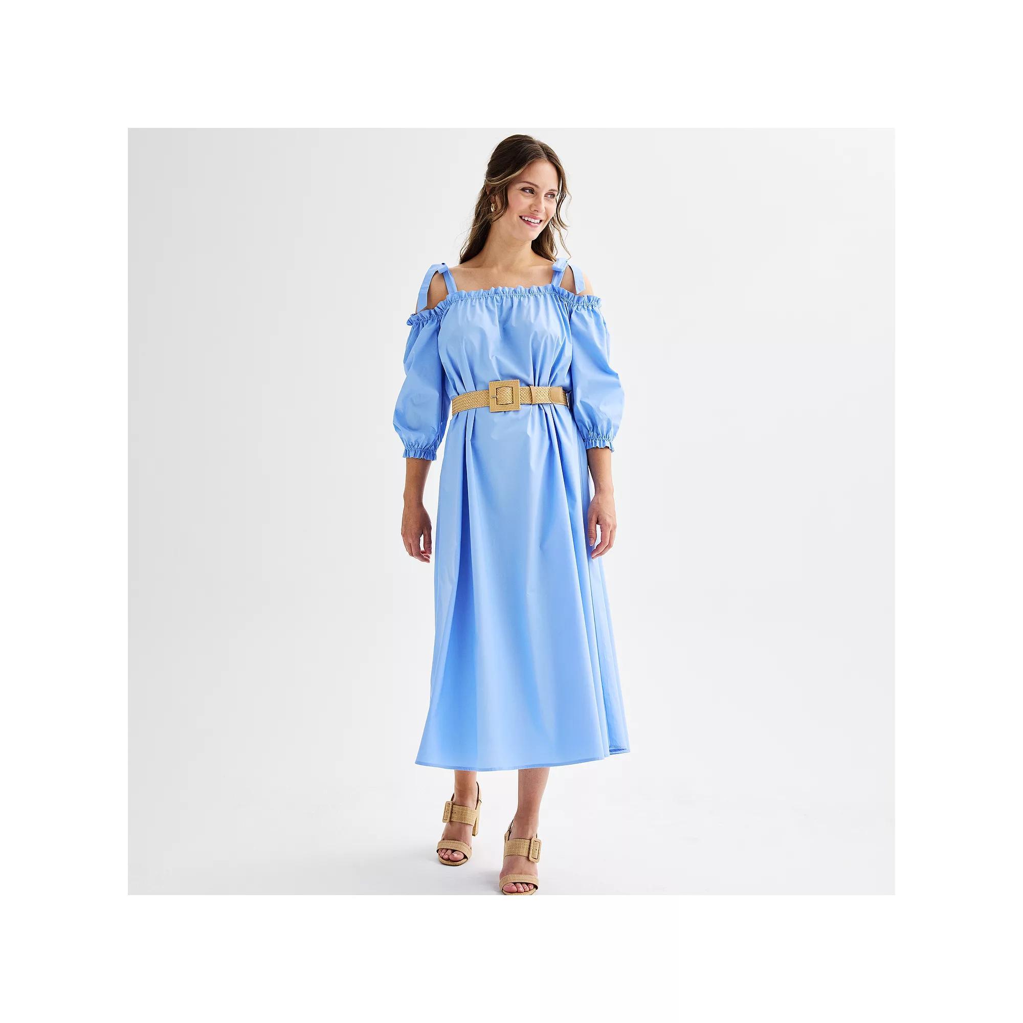 Women's Ellen Tracy Cold Shoulder Belted Maxi Dress with Ties, Size: Large, French Blue Product Image
