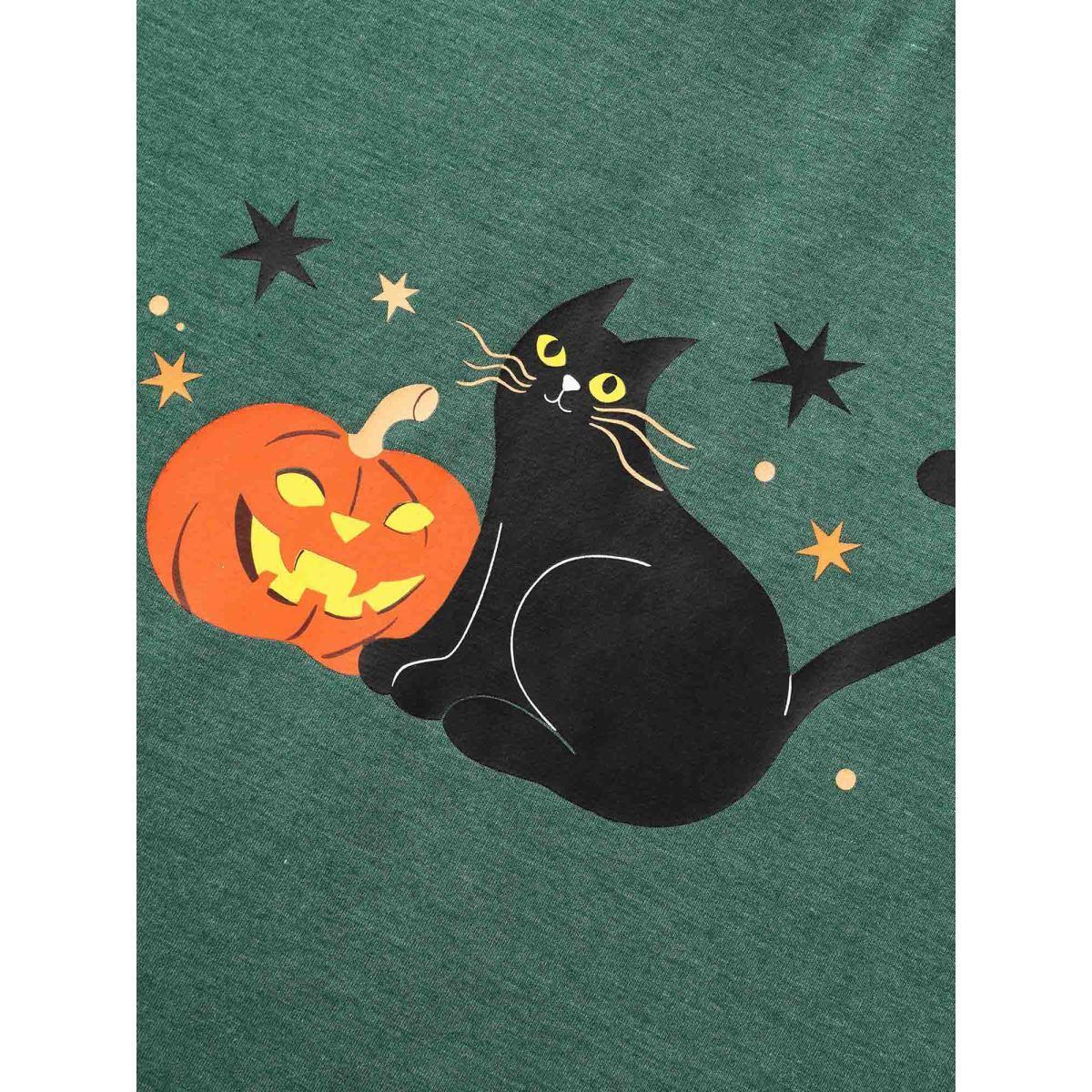 Plus Size Festive Cat And Pumkin Raglan Sweatshirt Women Emerald Casual Non Round Neck Everyday Sweatshirts BloomChic 22-24/3X Product Image