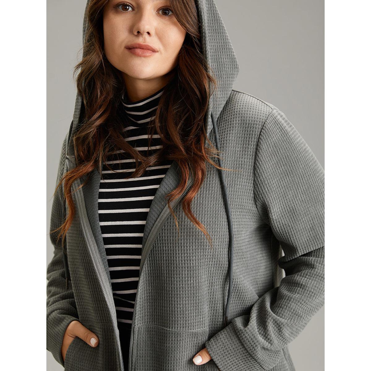 Plus Size Waffle Knit Plain Hooded Pocket Thick Sweatshirt Women DimGray Casual Waffle Knit Hooded Dailywear Sweatshirts BloomChic 14-16/1X Product Image