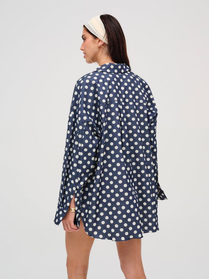 Dolly Dot Denim Button-Down Top — Blue Product Image