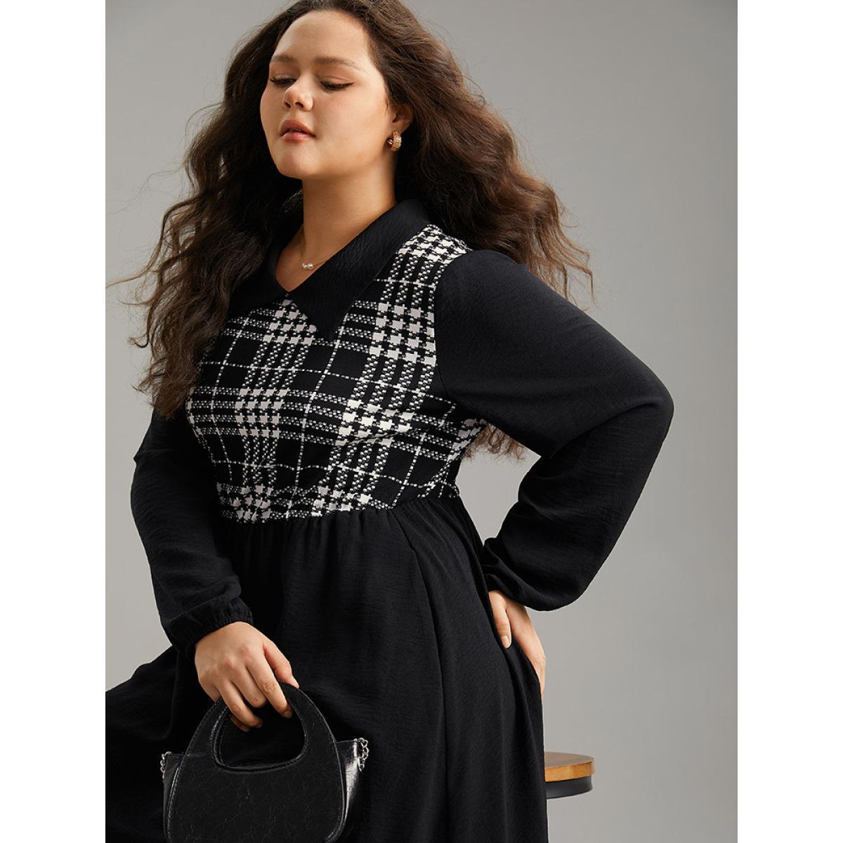 Plus Size Plaid Patchwork Lapel Collar Pocket Dress Black Women Office Patchwork Lapel Collar Long Sleeve Curvy Midi Dress BloomChic 12/L Product Image
