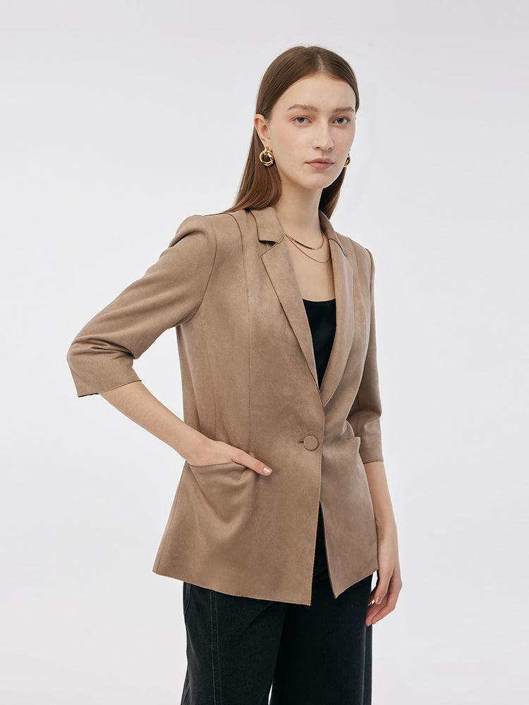 Faux Suede One Button 3/4 Sleeve Women Blazer Product Image