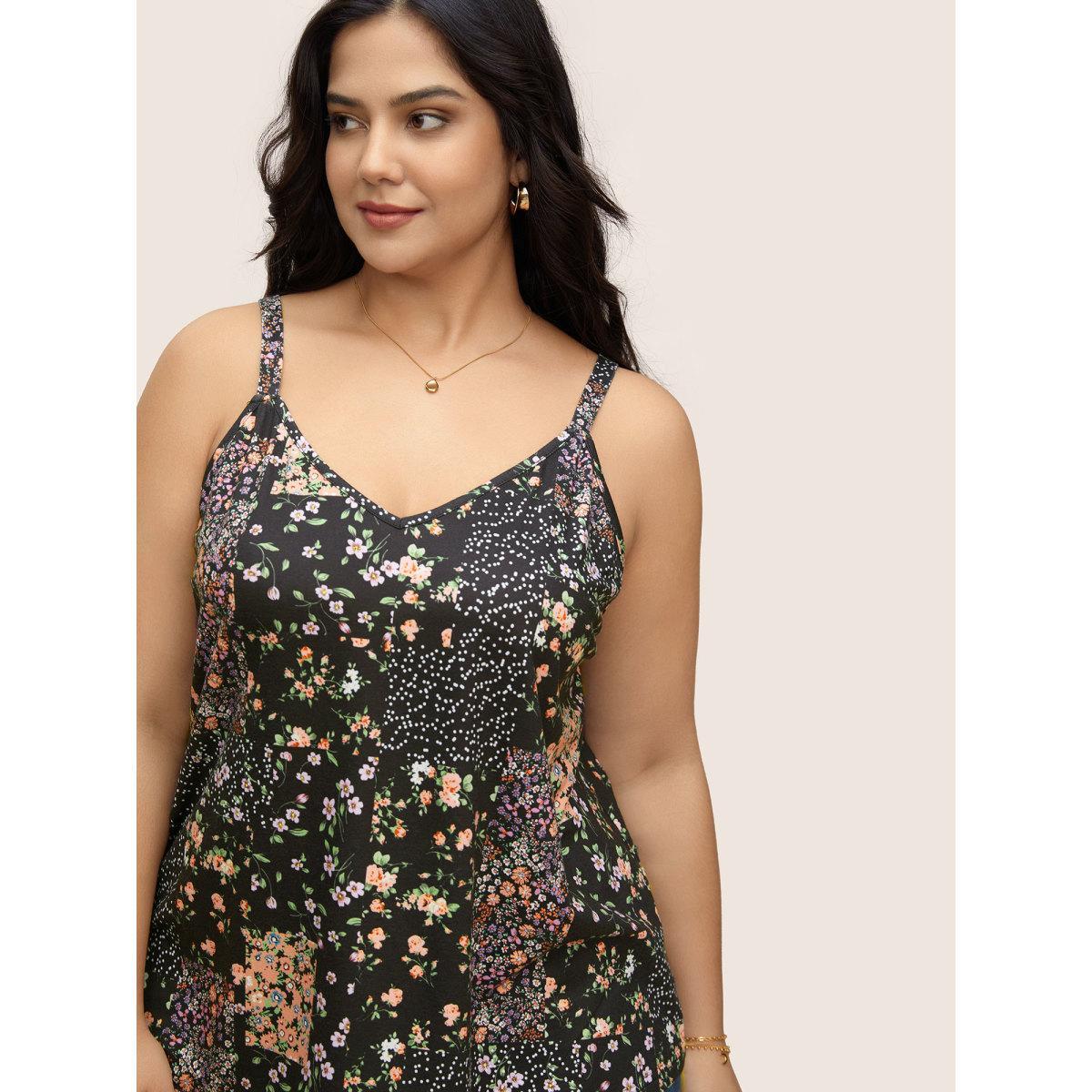 Plus Size V Neck Ditsy Floral Patchwork Cami Top Women Black Elegant Contrast V-neck Everyday Tank Tops Camis BloomChic 10/M Product Image