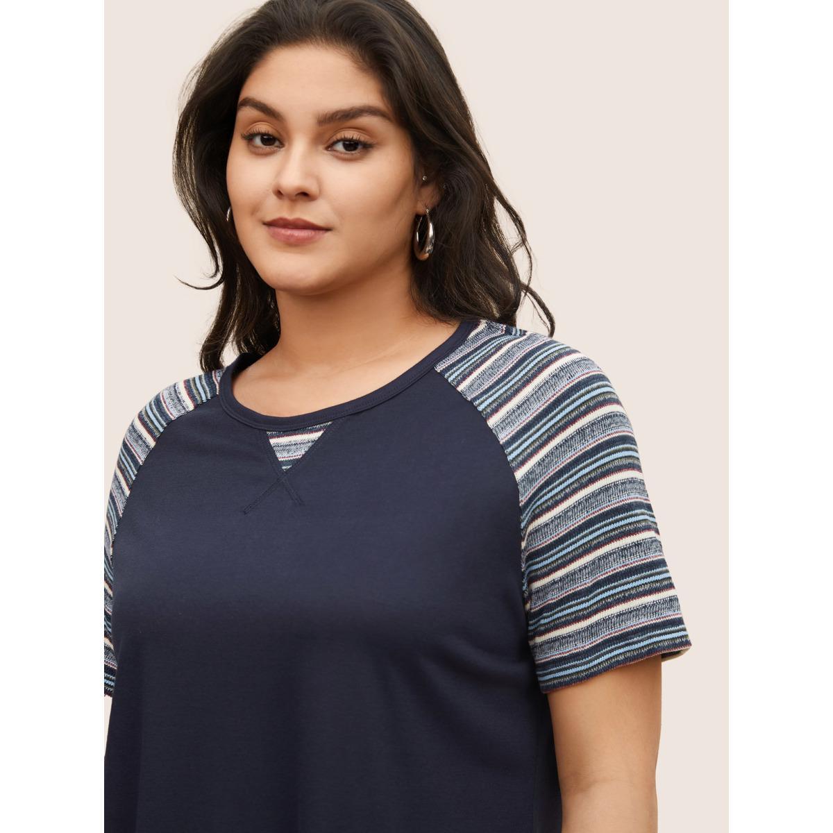 Plus Size Color Striped Patchwork Raglan Sleeve T-shirt Indigo Women Casual Contrast Striped Round Neck Everyday T-shirts BloomChic 28/5X Product Image