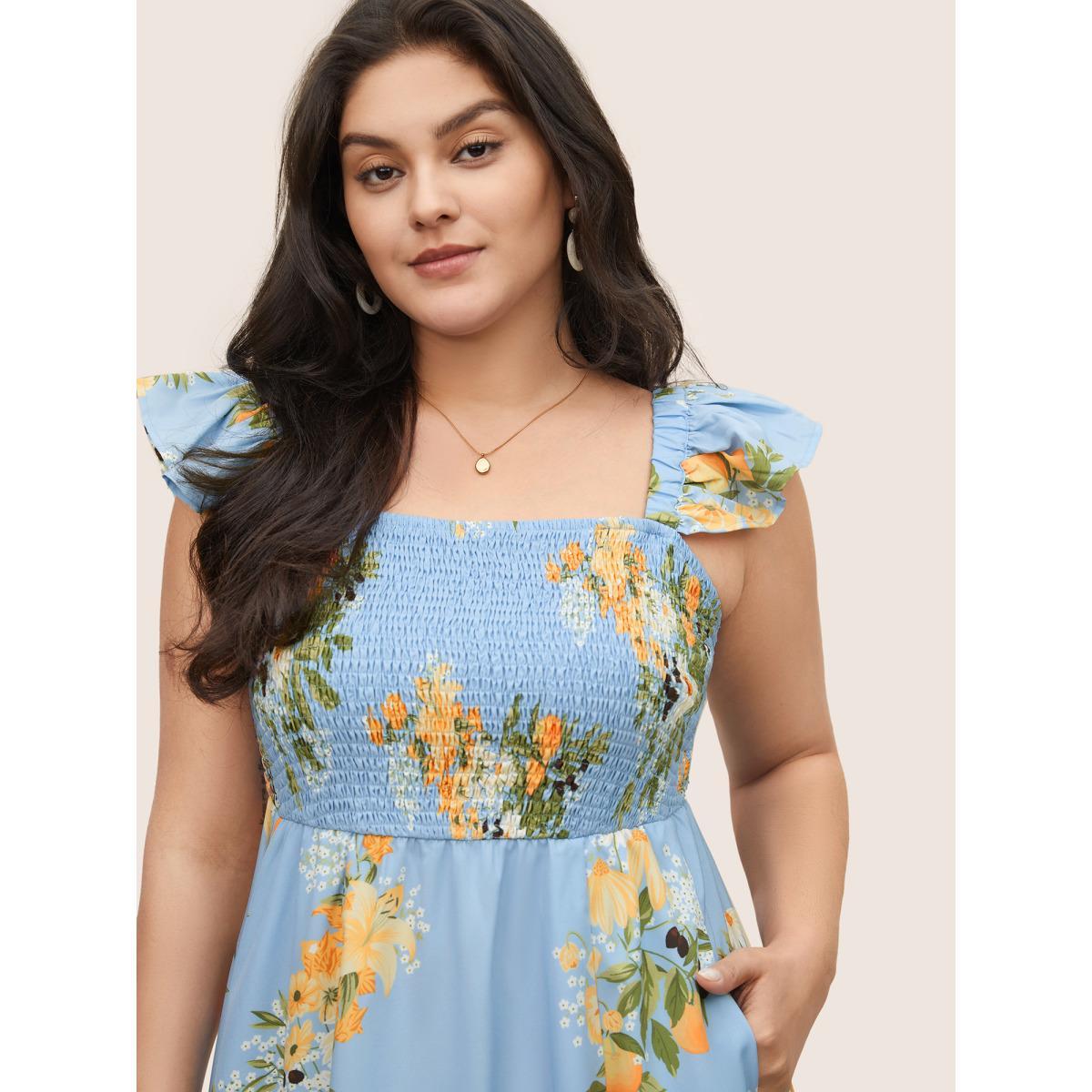 Plus Size Citrus Oranges Print Shirred Ruffle Trim Split Hem Dress Stone Women Elegant Non Square Neck Sleeveless Curvy Midi Dress BloomChic 18-20/2X Product Image