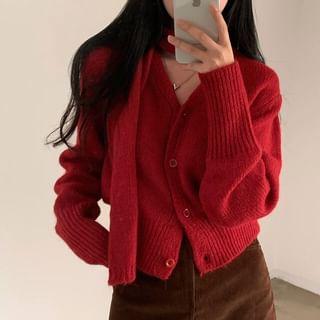 Set: V-Neck Button-Up Cardigan + Scarf Product Image