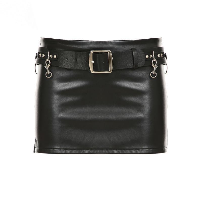 Low Waist Buckle Accent Plain Faux Leather Mini Pencil Skirt Product Image