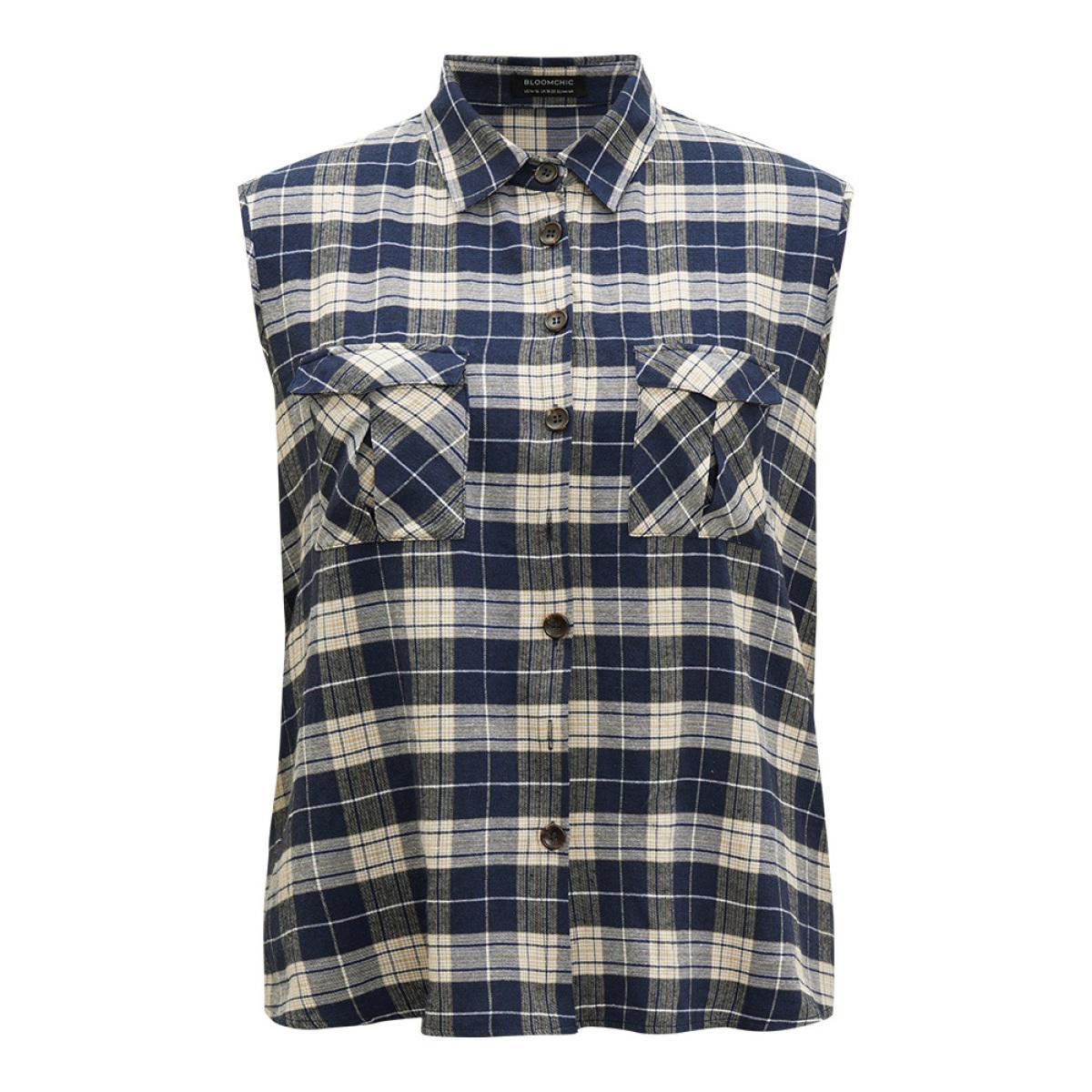 Plus Size Plaid Flap Pocket Button Up Sleeveless Jacket Women Aegean Casual Button Ladies Dailywear Winter Coats BloomChic 18-20/2X Product Image