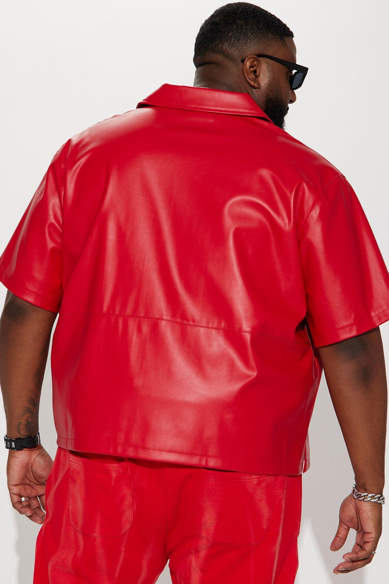 Slam Dunk Faux Leather Short Sleeve Button Up - Red Product Image