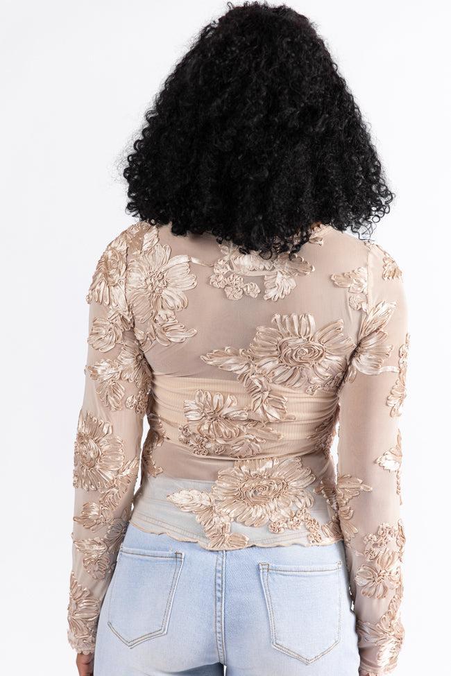 My Two Cents Champagne Floral Applique Mesh Top FINAL SALE Product Image