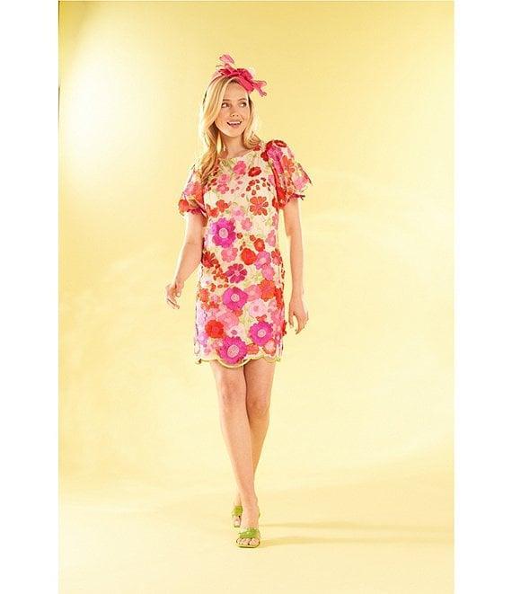 Eliza J 3D Embroidered Floral Mesh Boat Neck Short Sleeve Sheath Mini Dress Product Image
