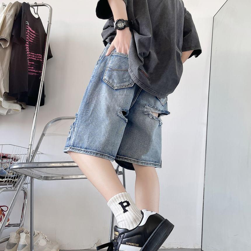 Mid Rise Distressed Washed Denim Shorts Product Image