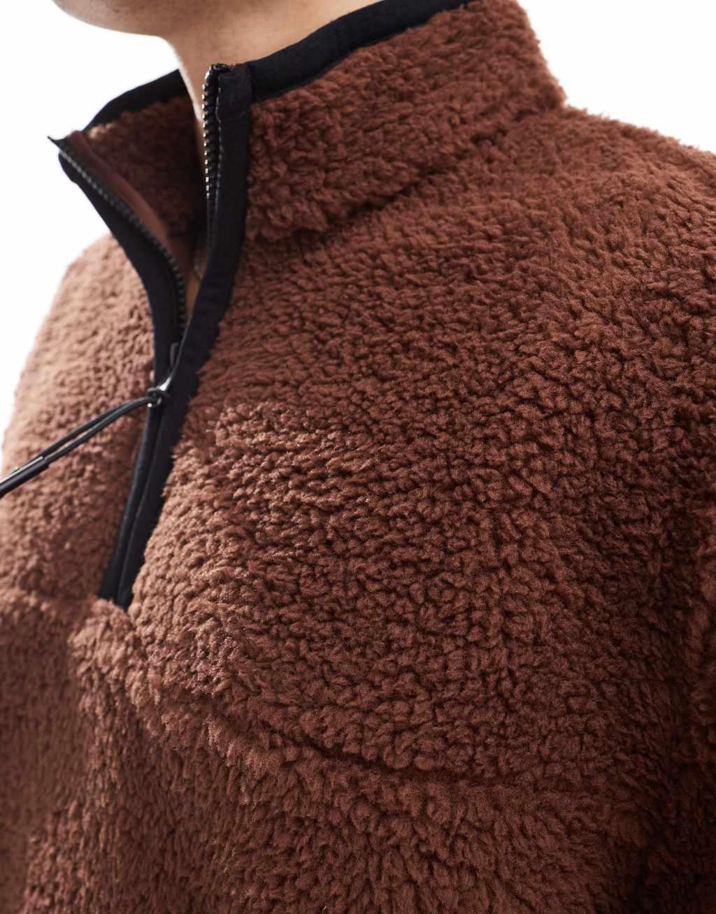 ASOS DESIGN boxy oversized half zip borg sweatshirt in light brown Product Image