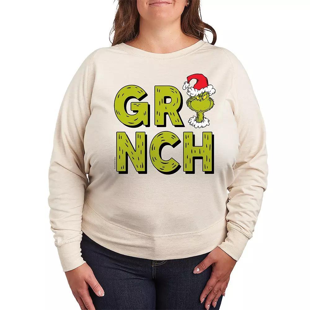 Plus Size Dr. Seuss Grinch Fur Letters French Terry Long Sleeve Tee, Womens Grey Green Product Image
