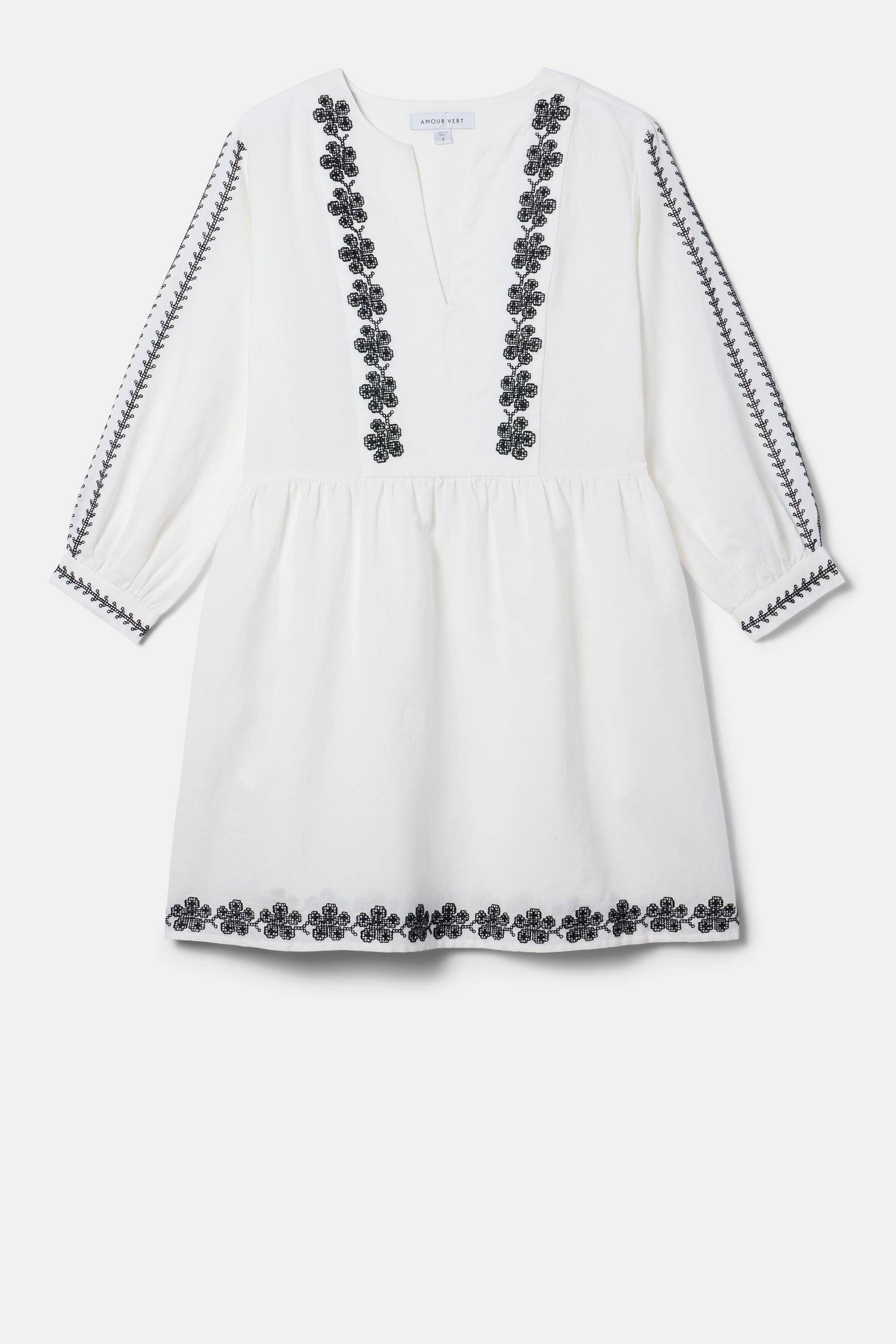 Placed Embroidery Dress - White Black Embroidery Product Image