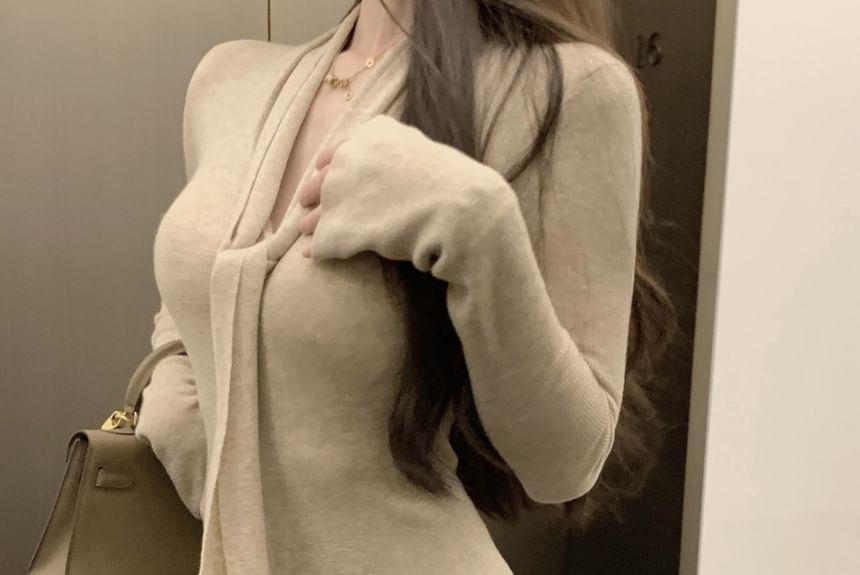 Long-Sleeve V-Neck Tie Front Plain Knit Top Product Image