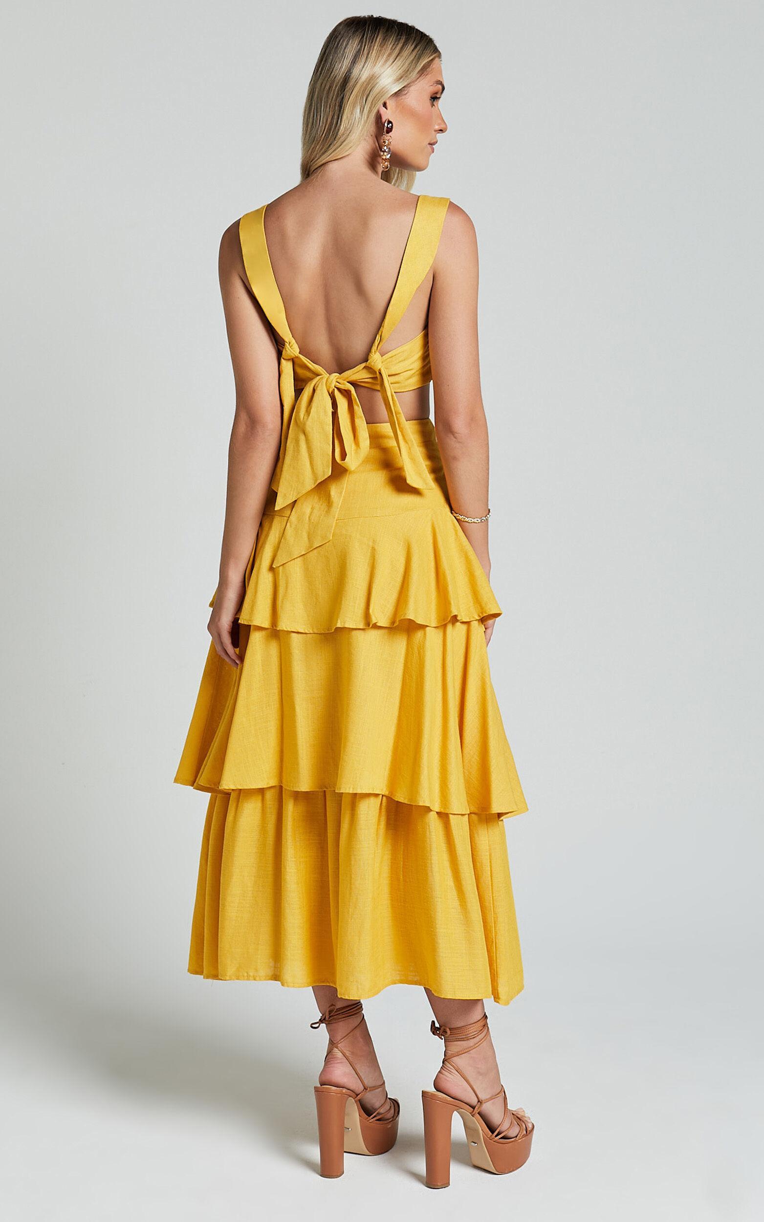 Amalie The Label - Kaleigh Linen Blend Bralette and Tiered Maxi Skirt Two Piece Set in Yellow Product Image
