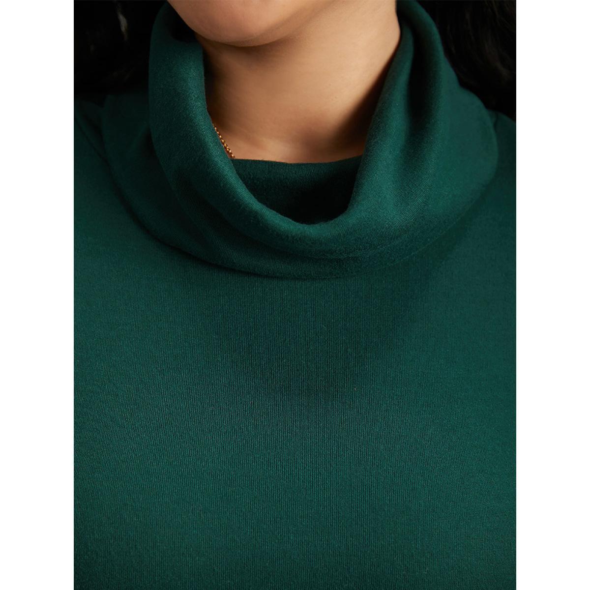 Plus Size Solid Turtleneck Hanky Hem Pocket Dress DarkGreen Women Casual Plain Turtleneck Long Sleeve Curvy Midi Dress BloomChic 18-20/2X Product Image