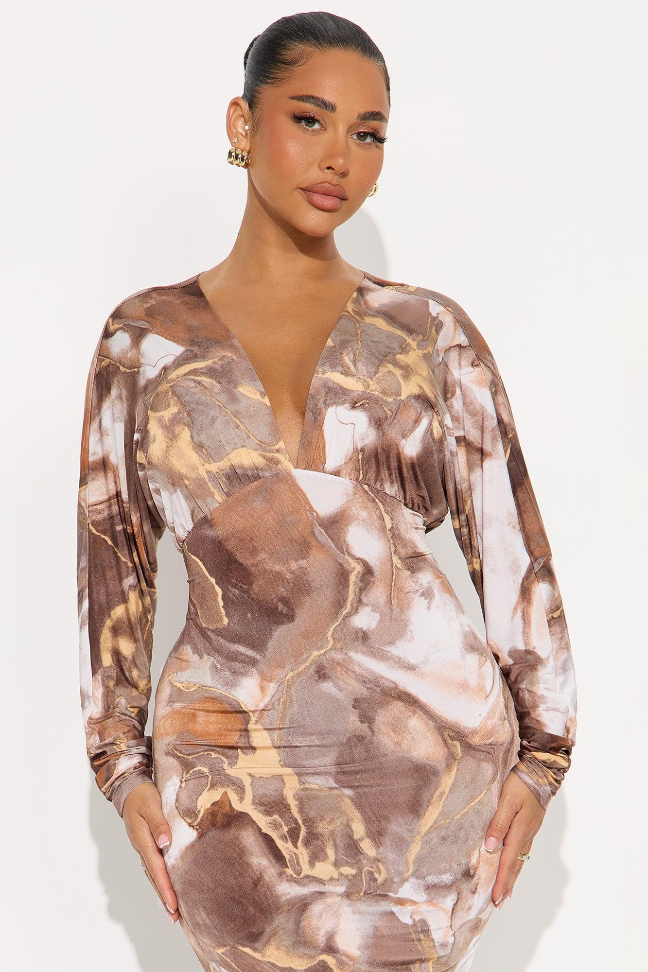 Julianna Long Sleeve Marble Midi Dress - Brown/combo Product Image