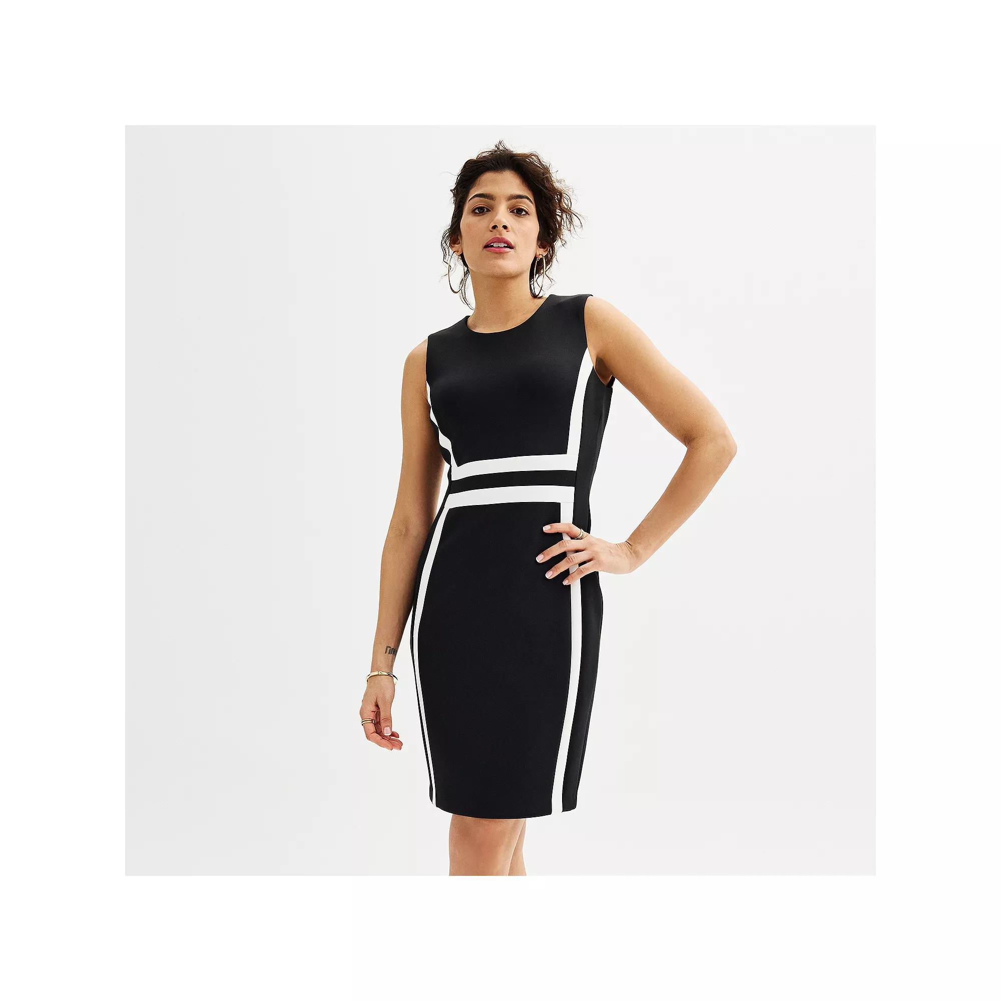 Women's Andrew Marc Sleeveless Colorblock Scuba Sheath Dress, Size: 16, Black White Khaki Product Image