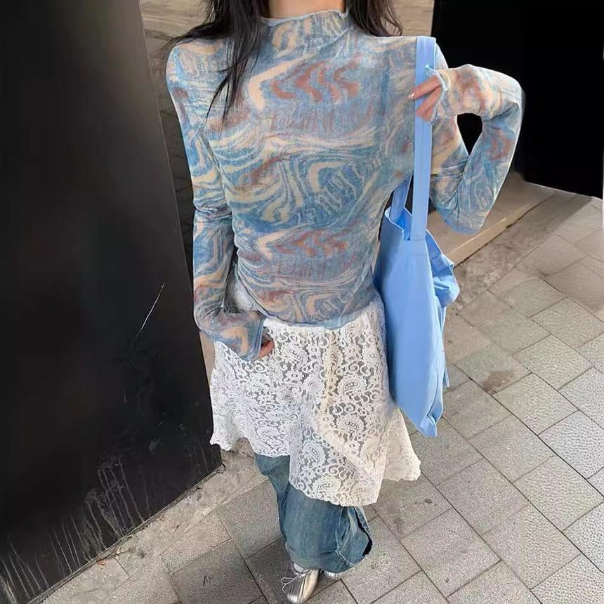 Long Sleeve Mock Neck Patterned Print Mesh Top Product Image