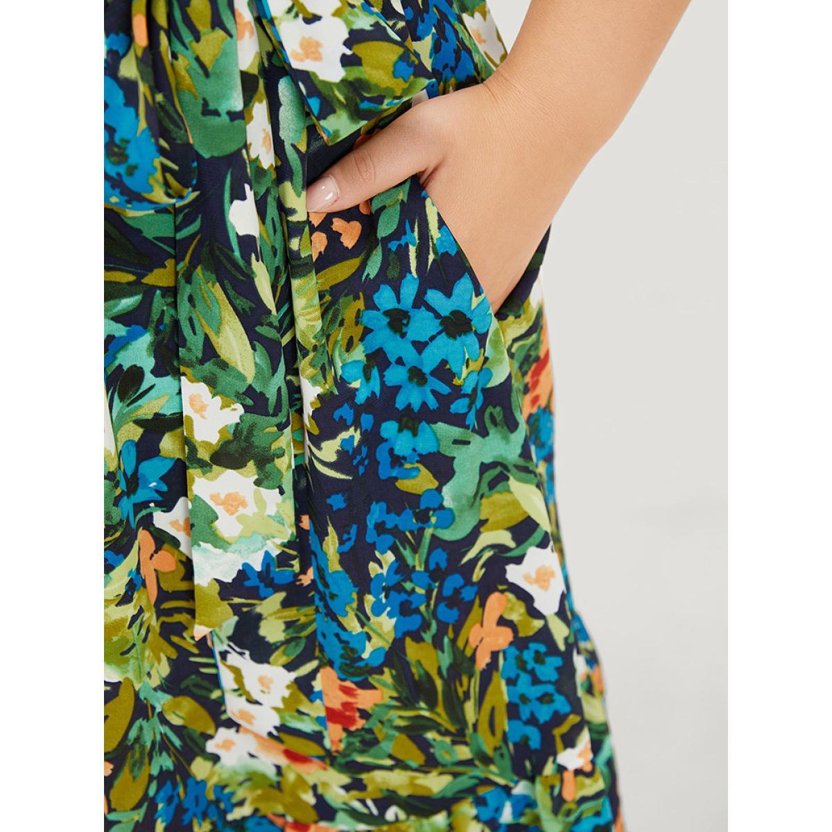 Plus Size Pixel Flower Ruffle Trim Pocket Belt Mock Neck Knee Dress Indigo Women Elegant Gathered Mock Neck Cap Sleeve Curvy Midi Dress BloomChic 14-16/1X Product Image