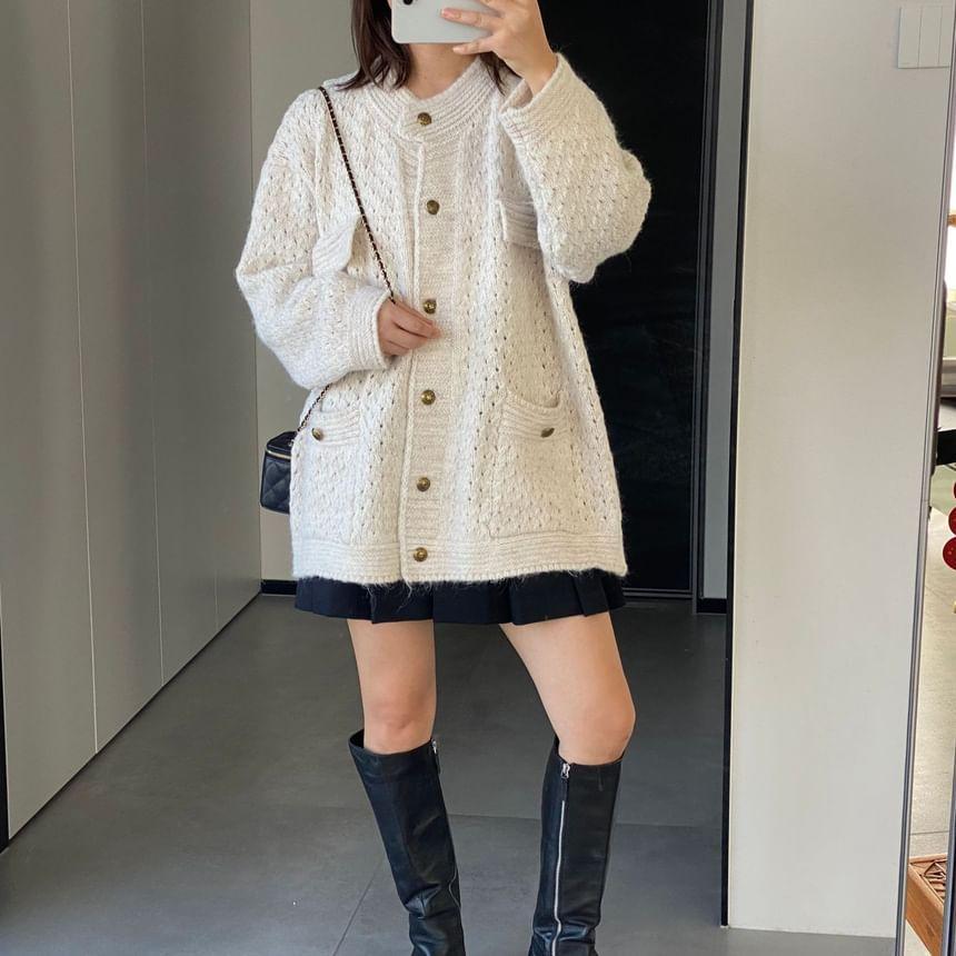 Round Neck Plain Button Oversized Knitted Cardigan Product Image