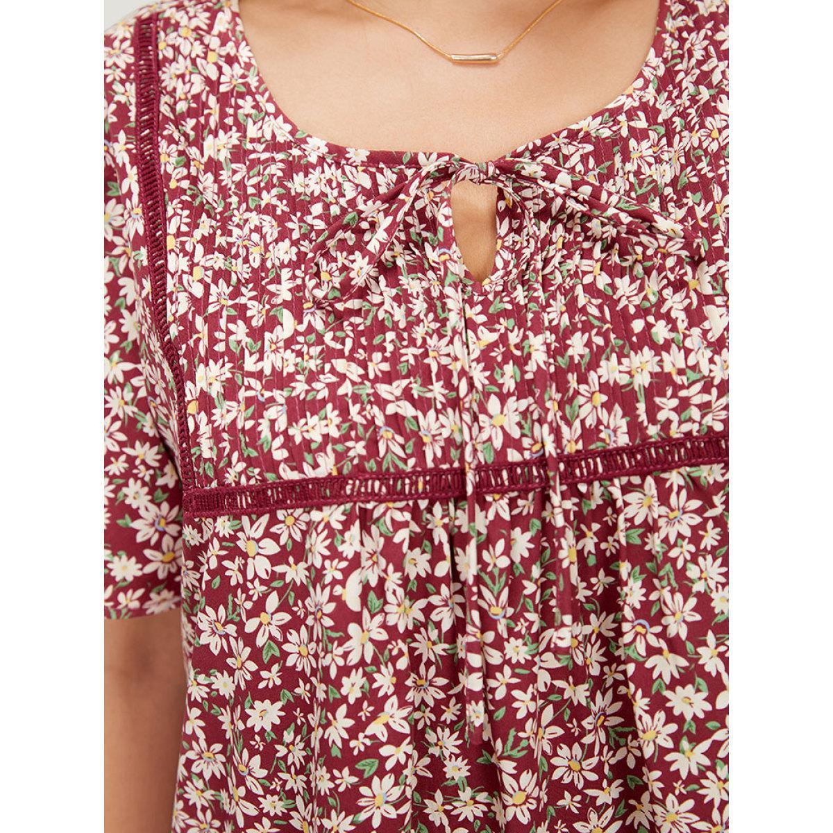 Plus Size RedViolet Ditsy Floral Lace Gathered Tie Neck Blouse Women Elegant Short sleeve Tie Neck Dailywear Blouses BloomChic 30/6X Product Image