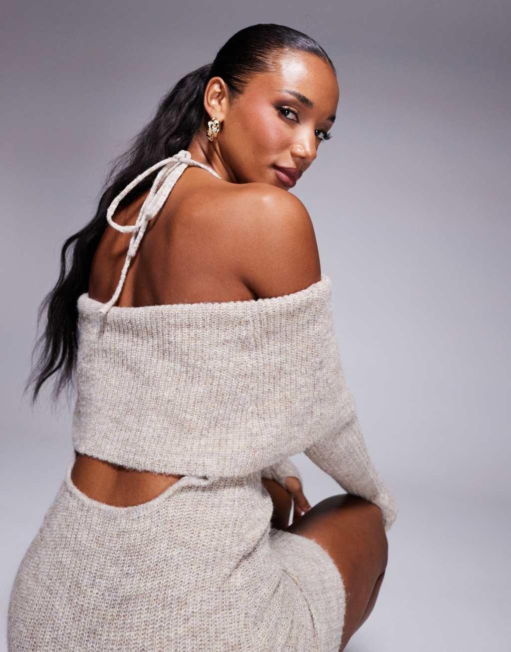 Wanderdoll Carrie knit off the shoulder halterneck bodycon mini dress in oatmeal  Product Image