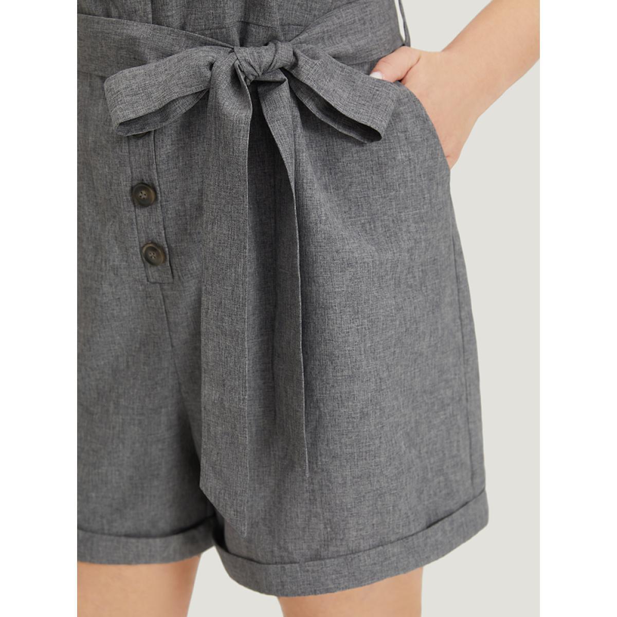 Plus Size DimGray Plain Belted Button Through Roll Hem Tank Jumpsuit Women Office Sleeveless V-neck Work Loose Jumpsuits BloomChic 18-20/2X Product Image