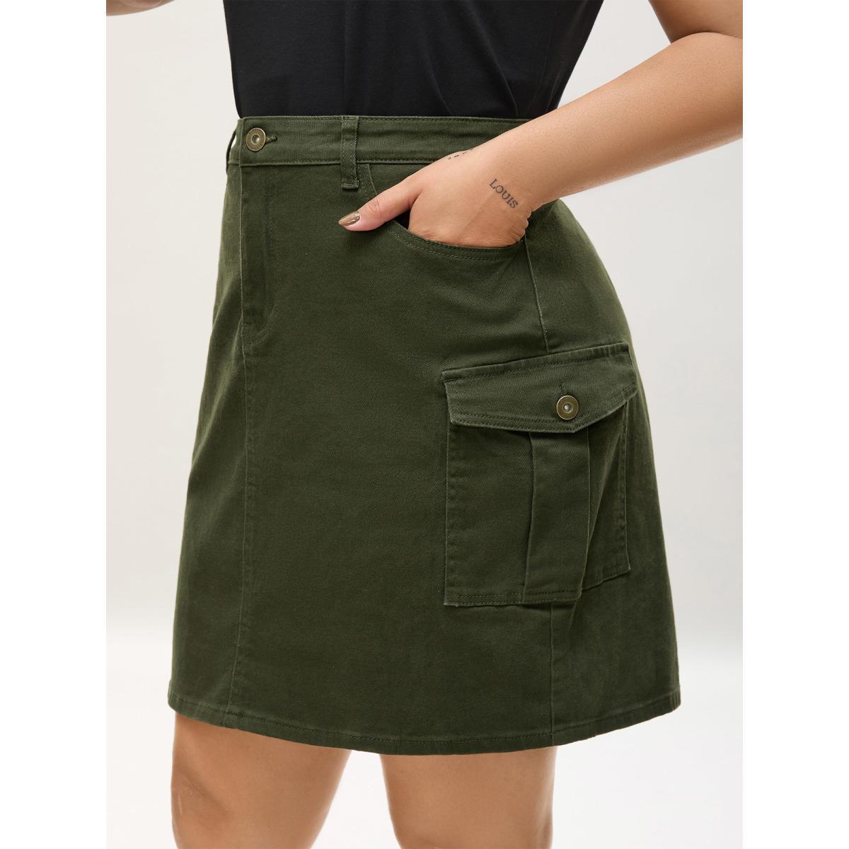 Plus Size Flap Detail Classic Cut Midi Denim Skirt Women Denimarmygreen Everyday-Casual Button Low stretch Medium Wash 24/3X Slanted pocket Elegant Denim Skirts BloomChic Product Image