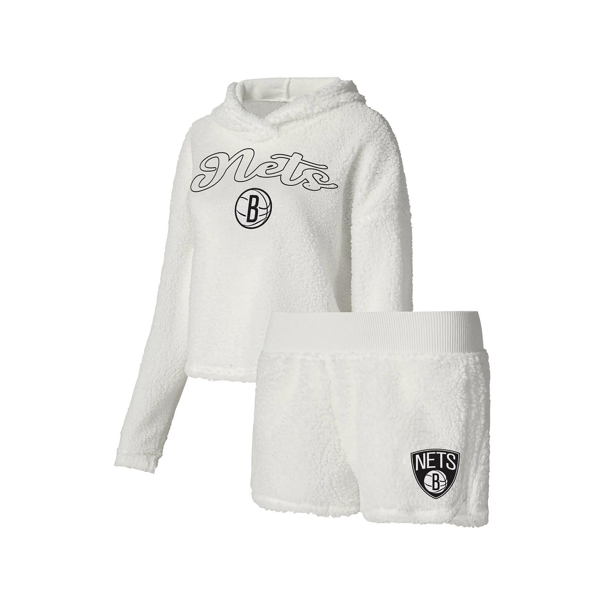 Women's College Concepts Cream Brooklyn Nets Fluffy Long Sleeve Hoodie T-Shirt & Shorts Sleep Set, Size: Large, White Product Image
