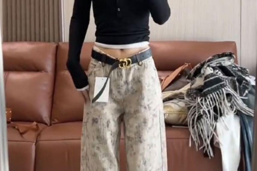 Mid Waist Tie Dye Wide Leg Jeans Product Image