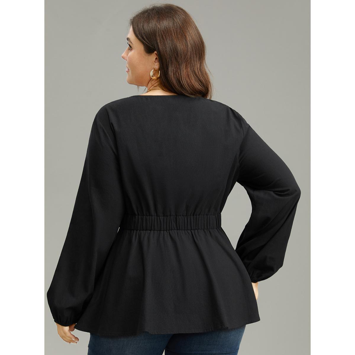 Plus Size Black Cotton Solid Metal Detail Lantern Sleeve Blouse Women Office Long Sleeve Round Neck Work Blouses BloomChic 30/6X Product Image