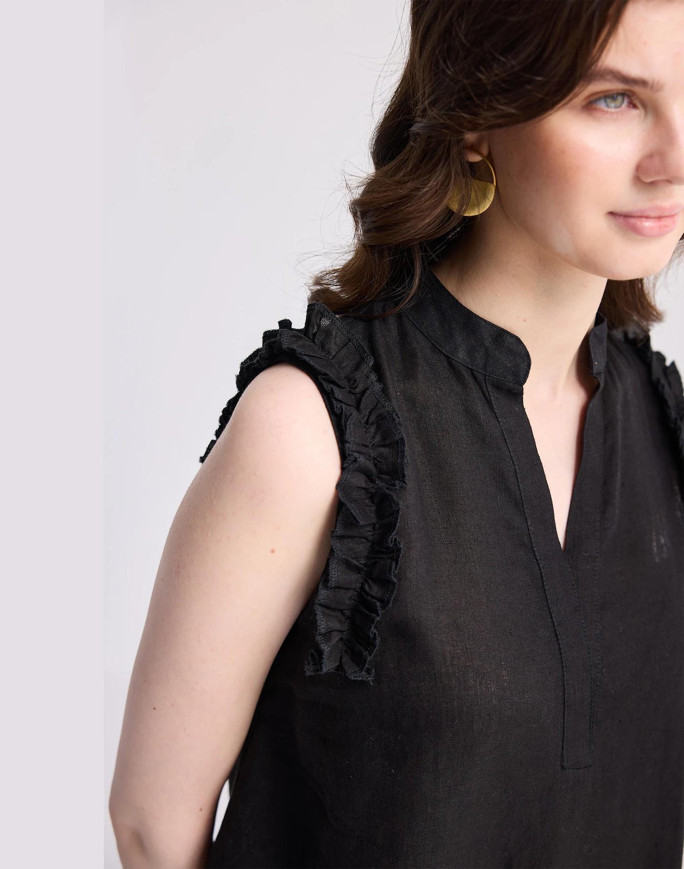 Reistor® Sleeveless 100% Hemp Top with Ruffles in Black Product Image