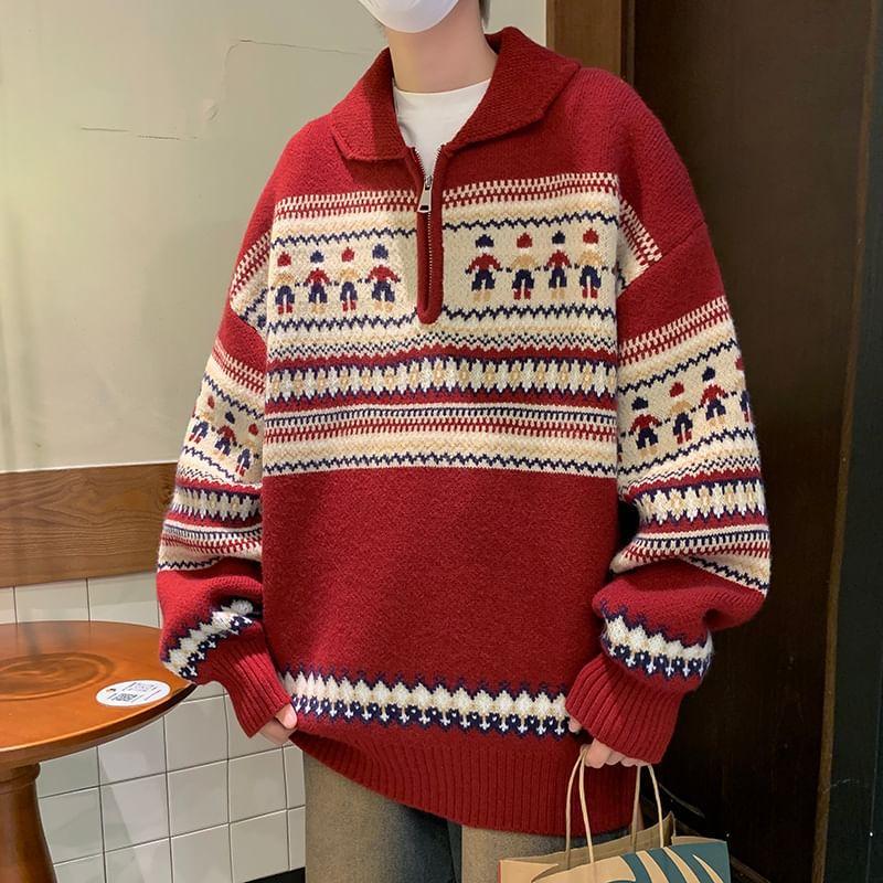 Collared Patterned Half Zip Sweater Product Image