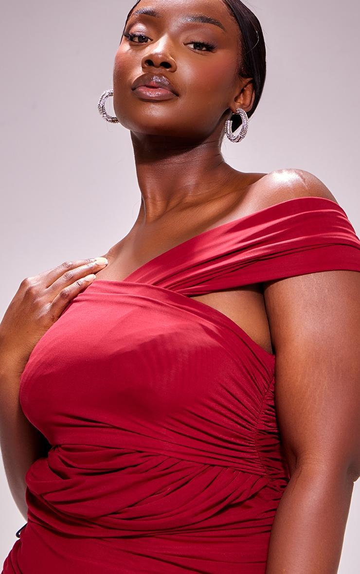 Plus Cherry Red Mesh One Shoulder Detail Ruched Bodycon Dress Product Image